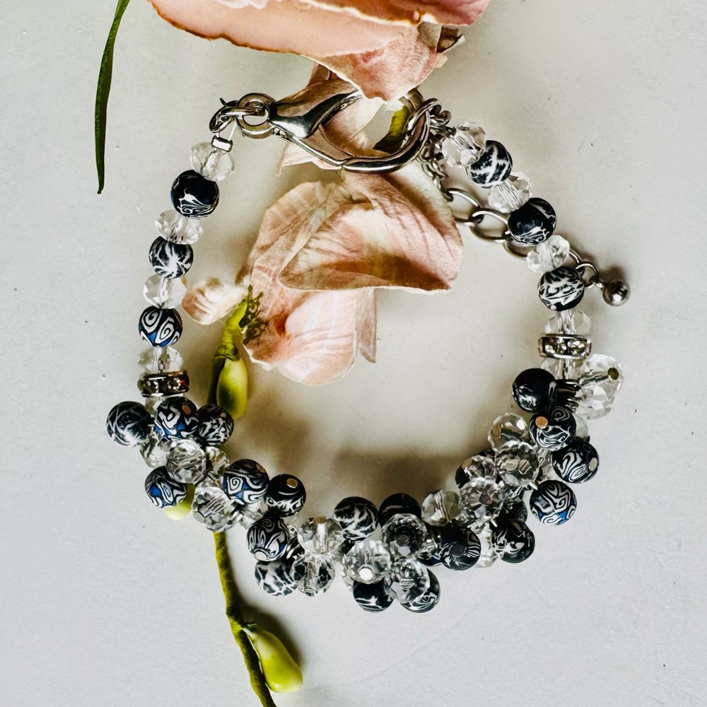 Black White Marbled Bead Cluster Bracelet Crystal Dangle Silver Charm Bracelet